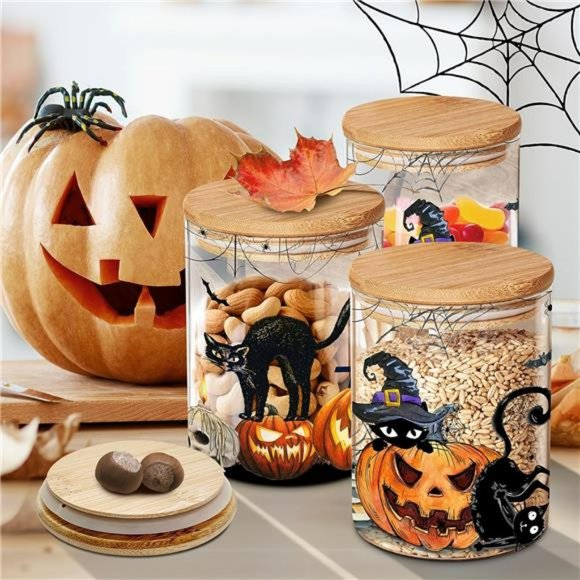 Halloween Decor, Halloween Canisters Sets of 3, Halloween Black Cat Pumpkin - Picture 7 of 7